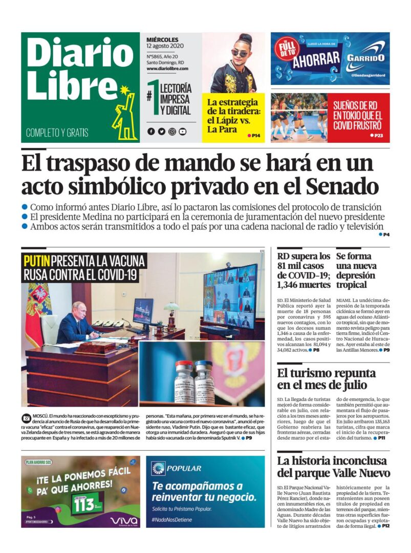 Portada Periódico Diario Libre, Miércoles 12 de Agosto, 2020