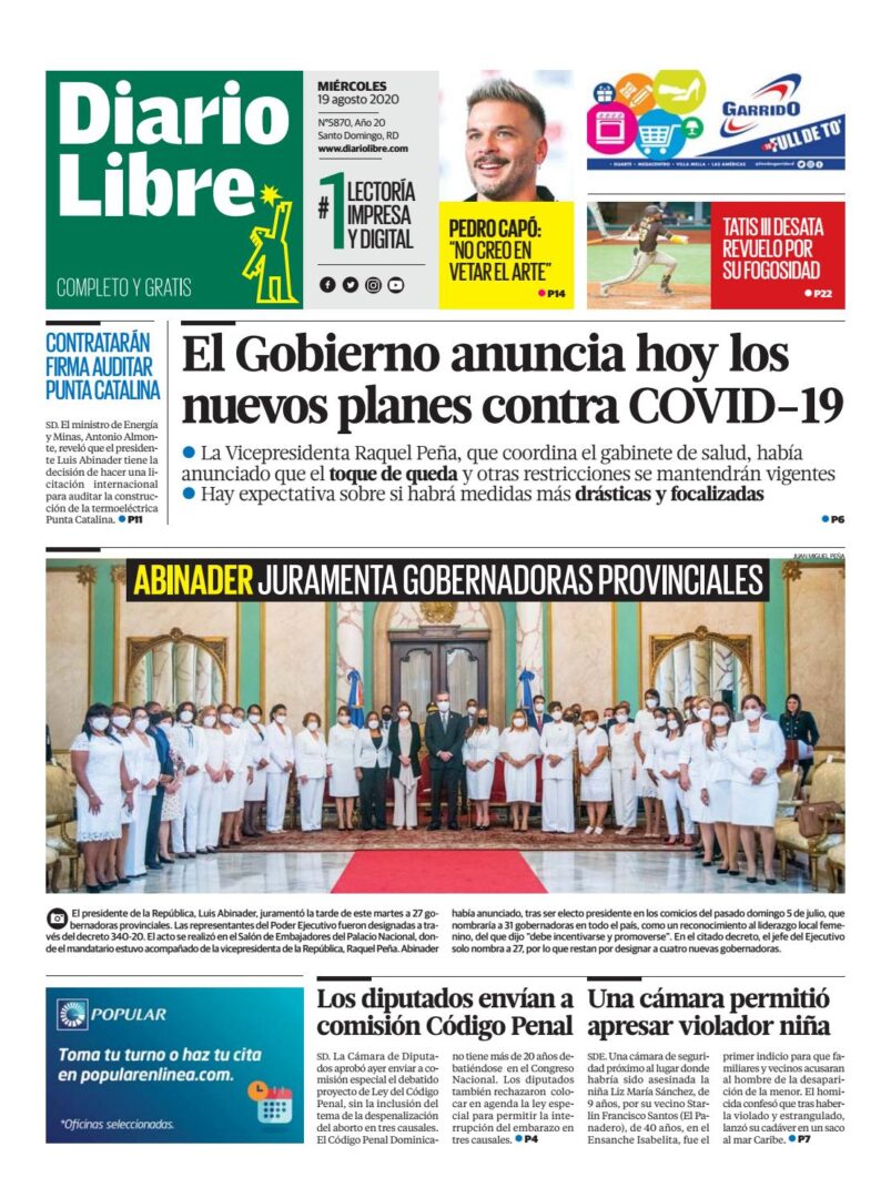 Portada Periódico Diario Libre, Miércoles 19 de Agosto, 2020