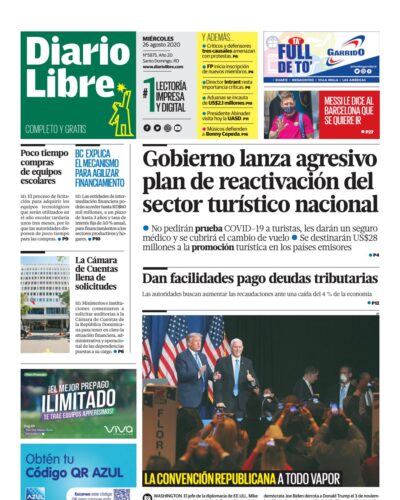 Portada Periódico Diario Libre, Miércoles 26 de Agosto, 2020