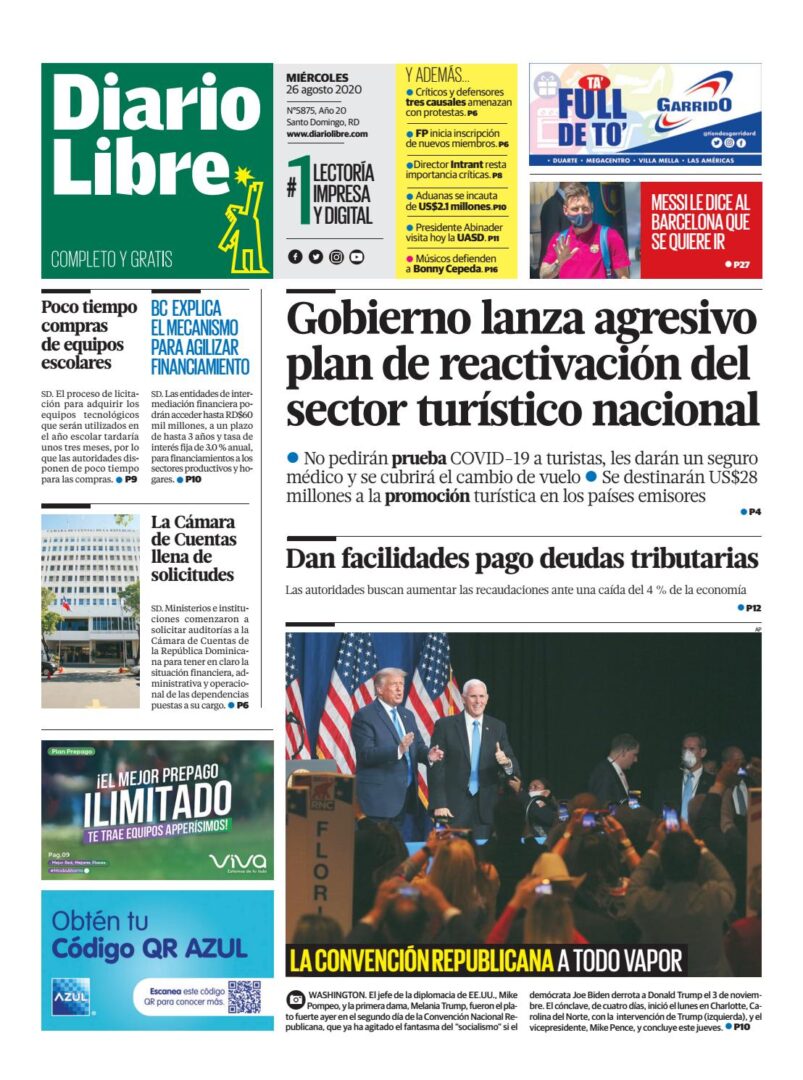 Portada Periódico Diario Libre, Miércoles 26 de Agosto, 2020