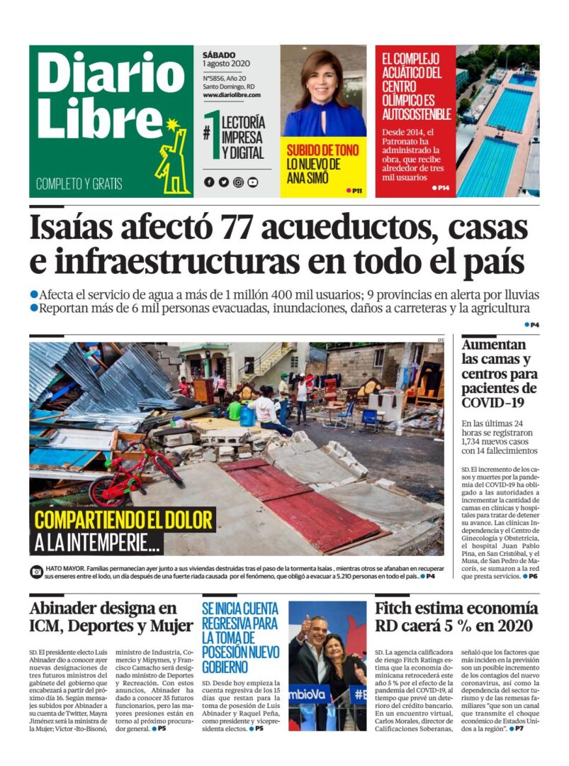 Portada Periódico Diario Libre, Sábado 01 de Agosto, 2020