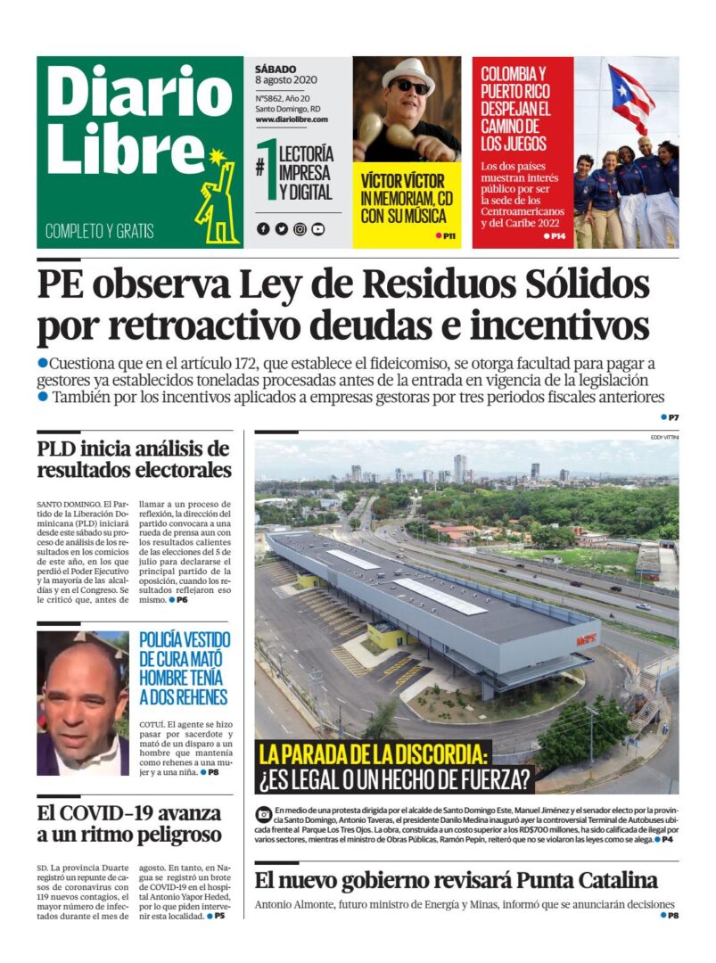 Portada Periódico Diario Libre, Sábado 08 de Agosto, 2020