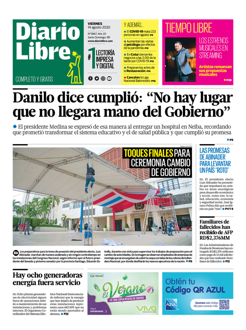 Portada Periódico Diario Libre, Sábado 15 de Agosto, 2020