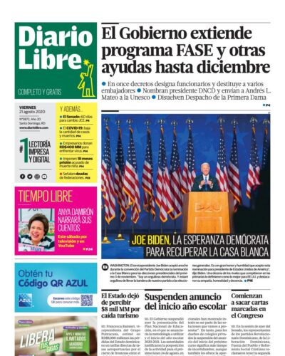 Portada Periódico Diario Libre, Viernes 21 de Agosto, 2020