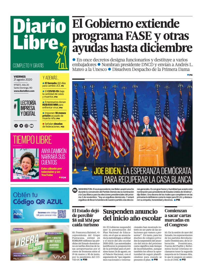 Portada Periódico Diario Libre, Viernes 21 de Agosto, 2020
