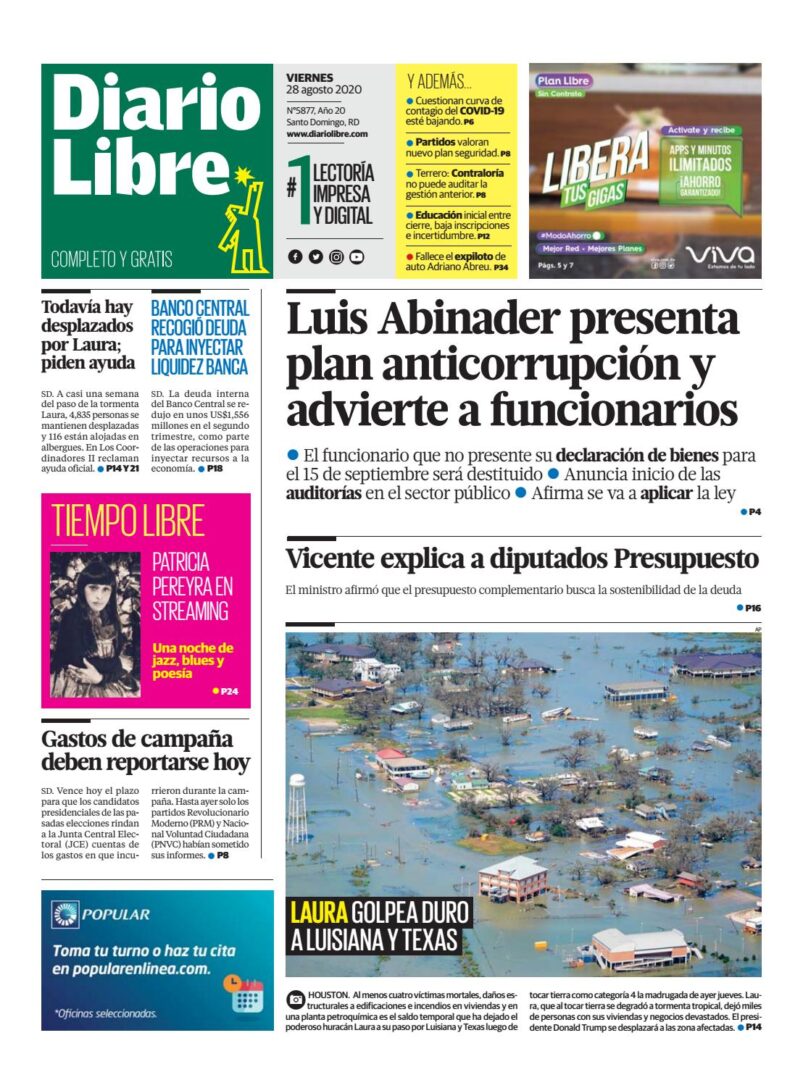 Portada Periódico Diario Libre, Viernes 28 de Agosto, 2020
