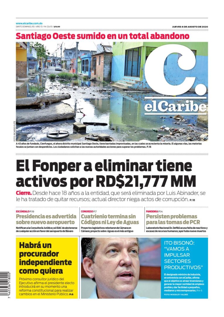 Portada Periódico El Caribe, Jueves 06 de Agosto, 2020