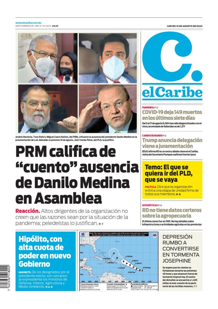 Portada Periódico El Caribe, Jueves 13 de Agosto, 2020
