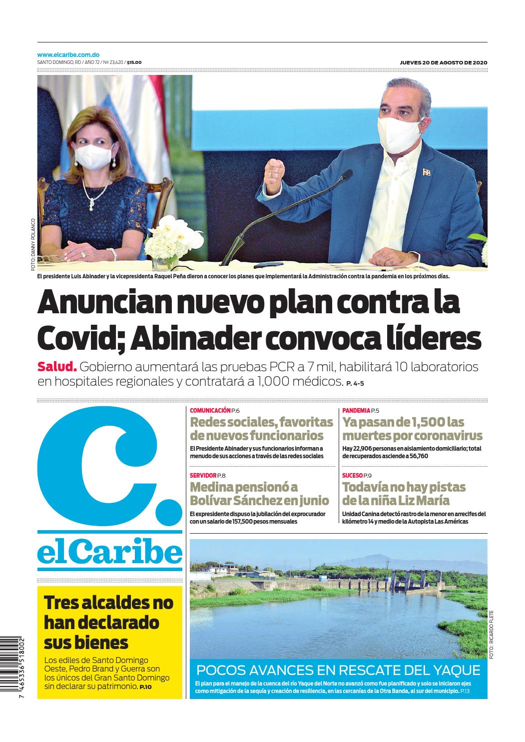 Portada Periódico El Caribe, Jueves 20 de Agosto, 2020