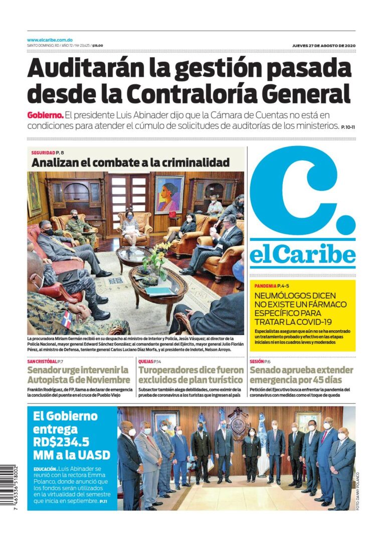 Portada Periódico El Caribe, Jueves 27 de Agosto, 2020