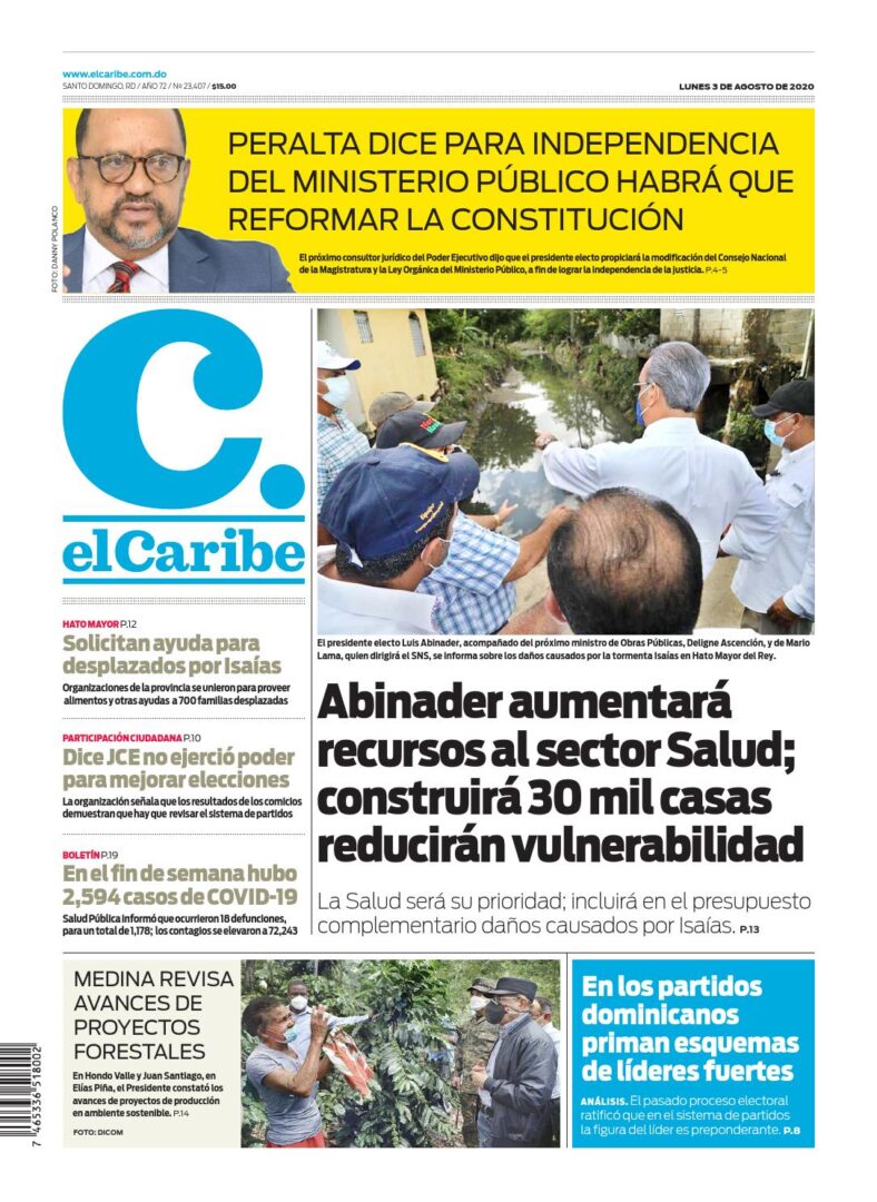 Portada Periódico El Caribe, Lunes 03 de Agosto, 2020