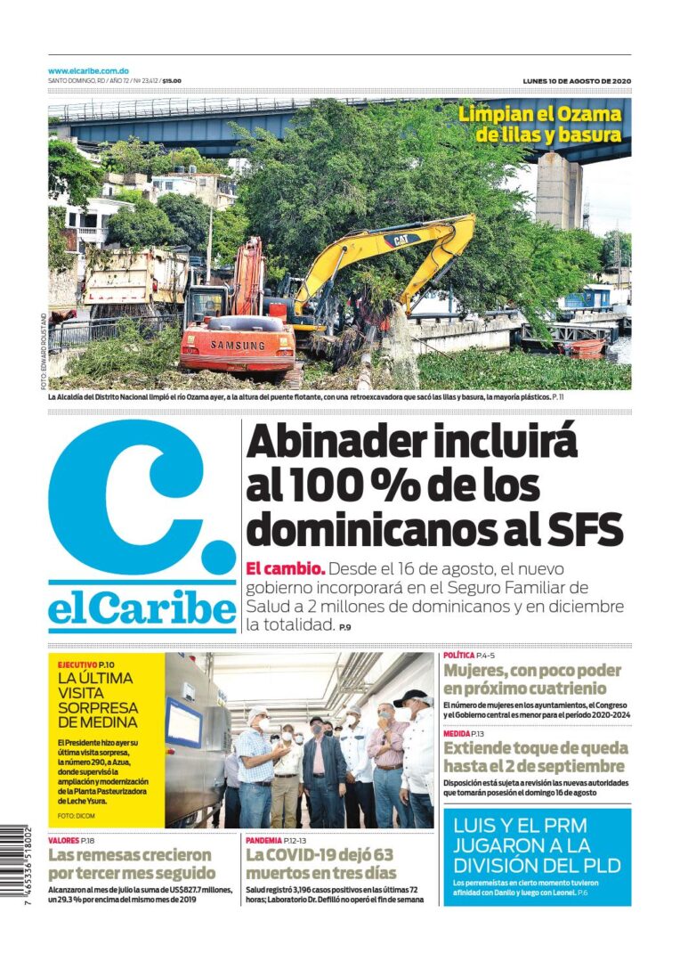 Portada Periódico El Caribe, Lunes 10 de Agosto, 2020