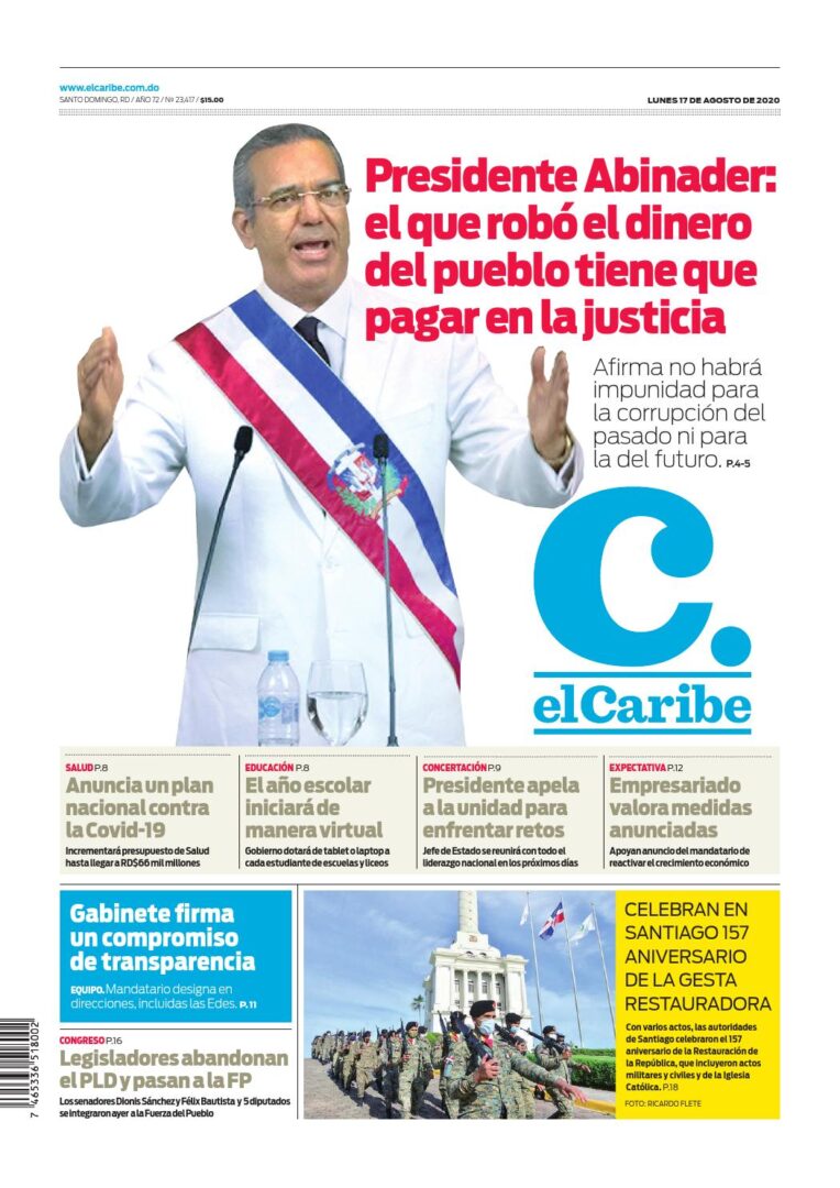 Portada Periódico El Caribe, Lunes 17 de Agosto, 2020