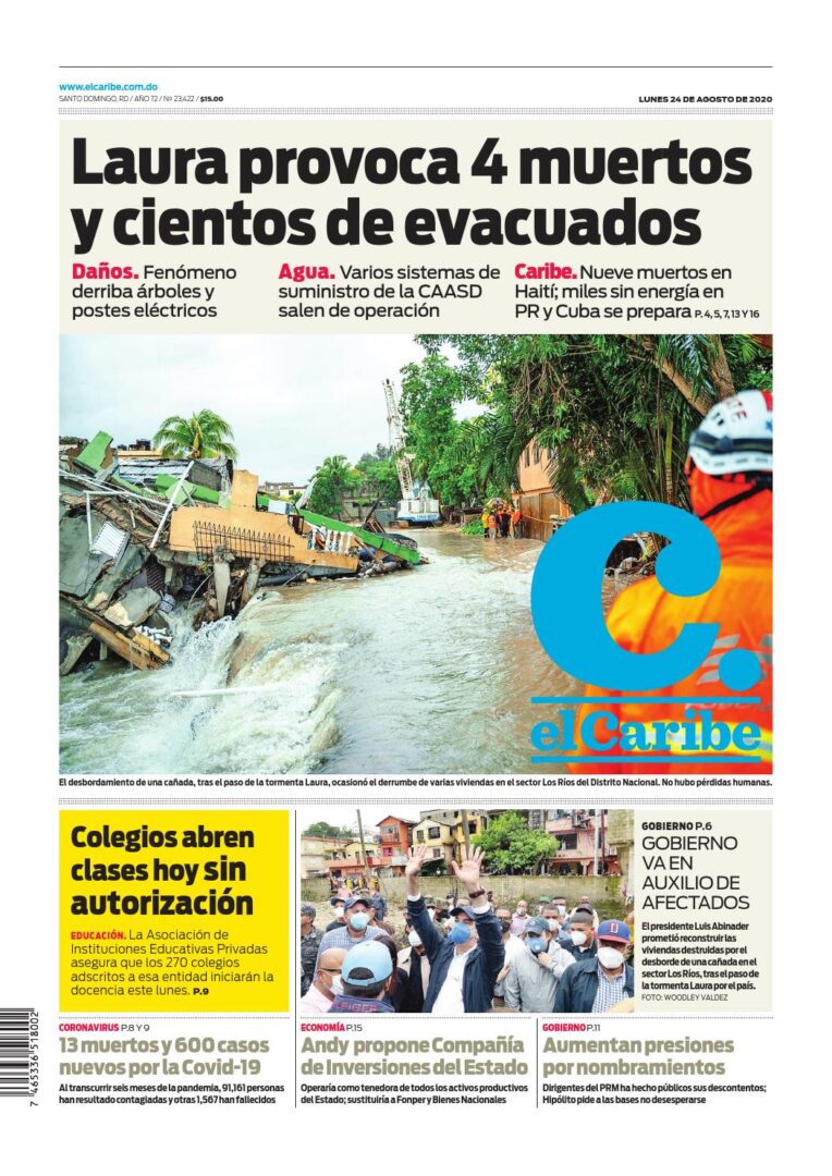 Portada Periódico El Caribe, Lunes 24 de Agosto, 2020