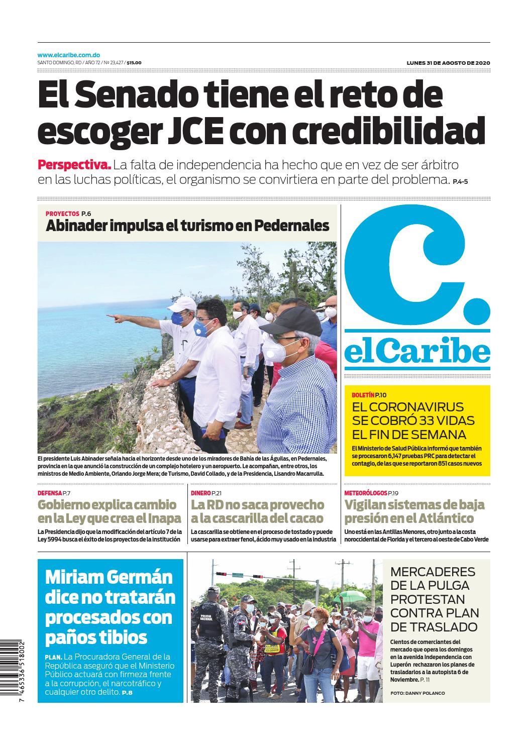 Portada Periódico El Caribe, Lunes 31 de Agosto, 2020