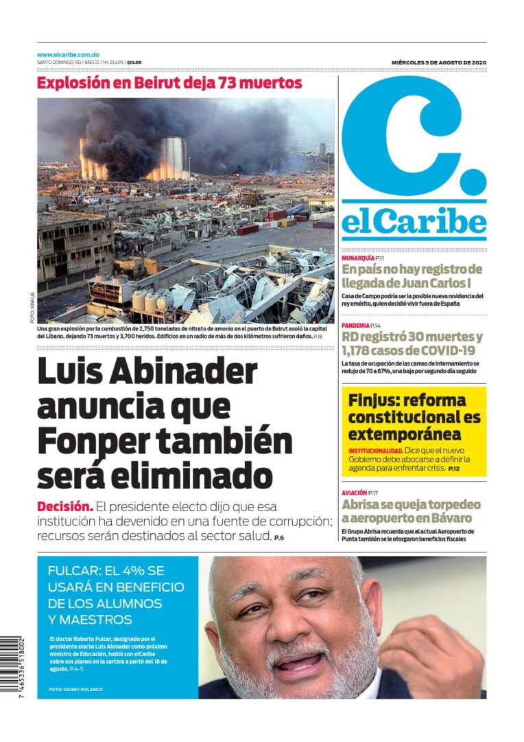Portada Periódico El Caribe, Martes 05 de Agosto, 2020