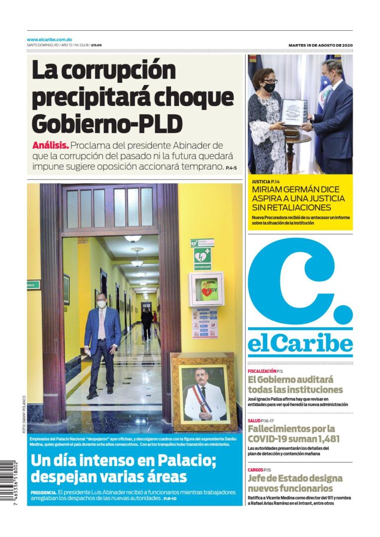 Portada Periódico El Caribe, Martes 18 de Agosto, 2020