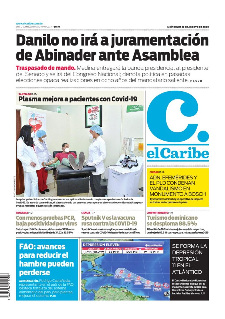 Portada Periódico El Caribe, Miércoles 12 de Agosto, 2020
