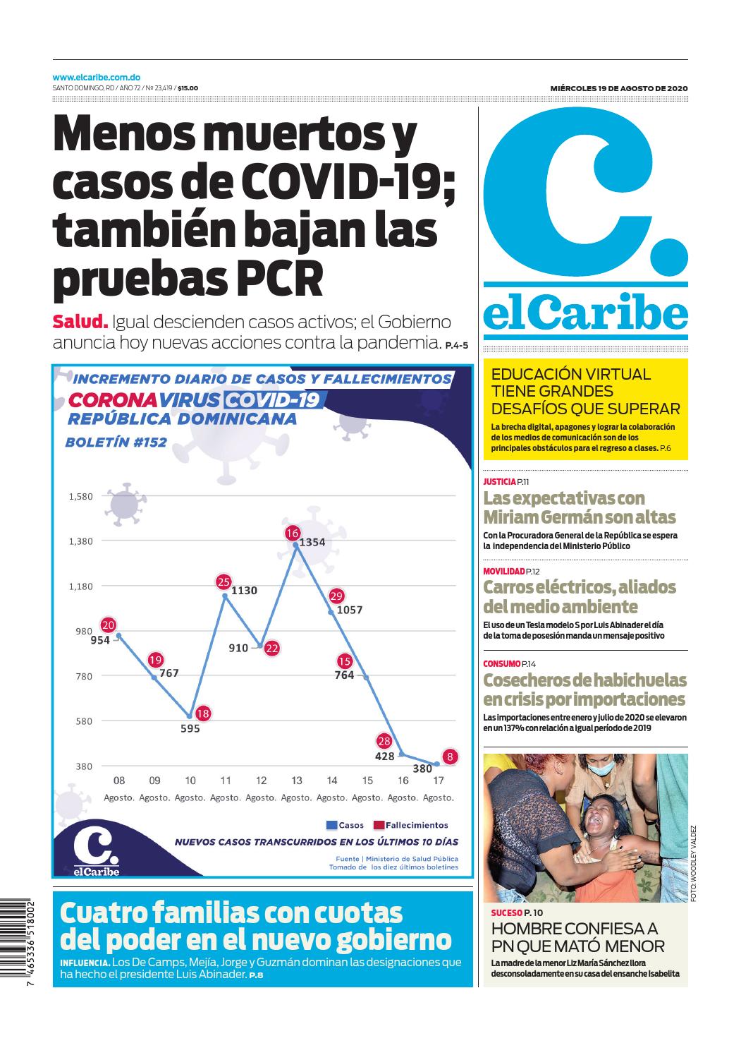 Portada Periódico El Caribe, Miércoles 19 de Agosto, 2020