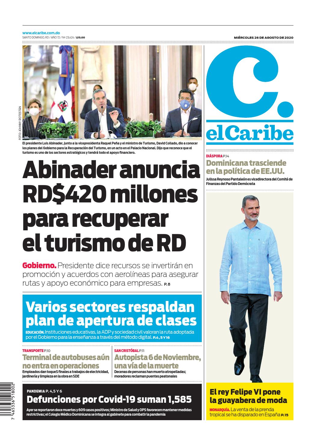 Portada Periódico El Caribe, Miércoles 26 de Agosto, 2020