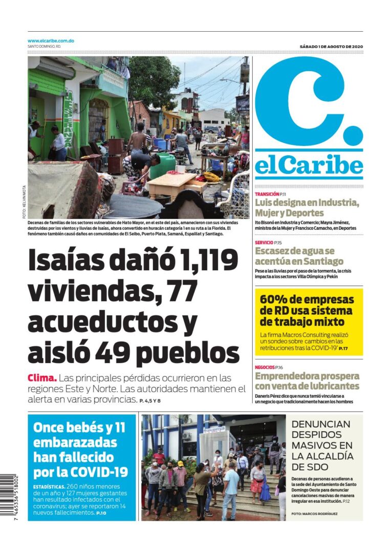 Portada Periódico El Caribe, Sábado 01 de Agosto, 2020