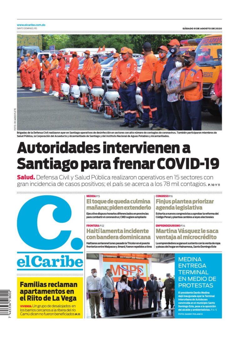Portada Periódico El Caribe, Sábado 08 de Agosto, 2020