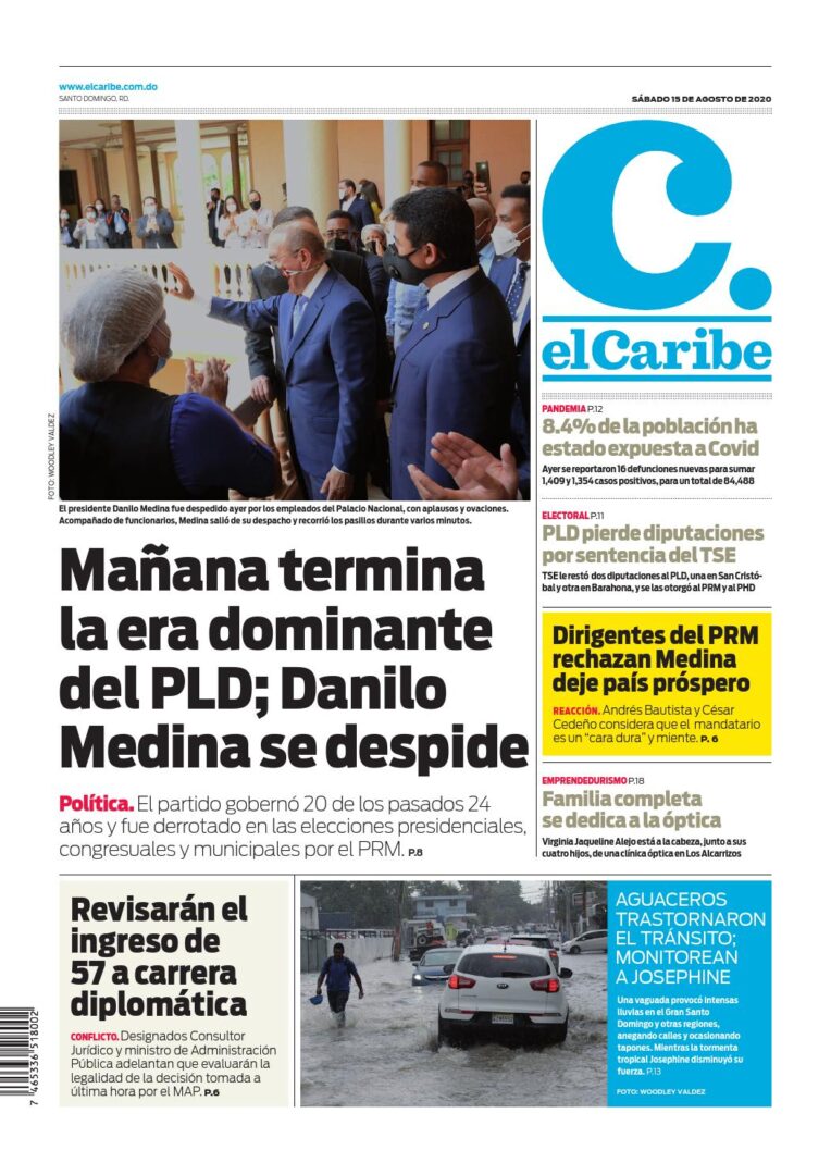 Portada Periódico El Caribe, Sábado 15 de Agosto, 2020