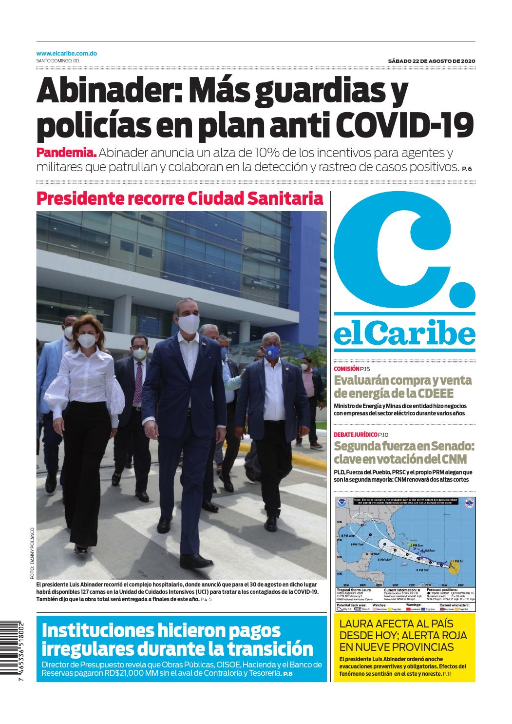 Portada Periódico El Caribe, Sábado 22 de Agosto, 2020