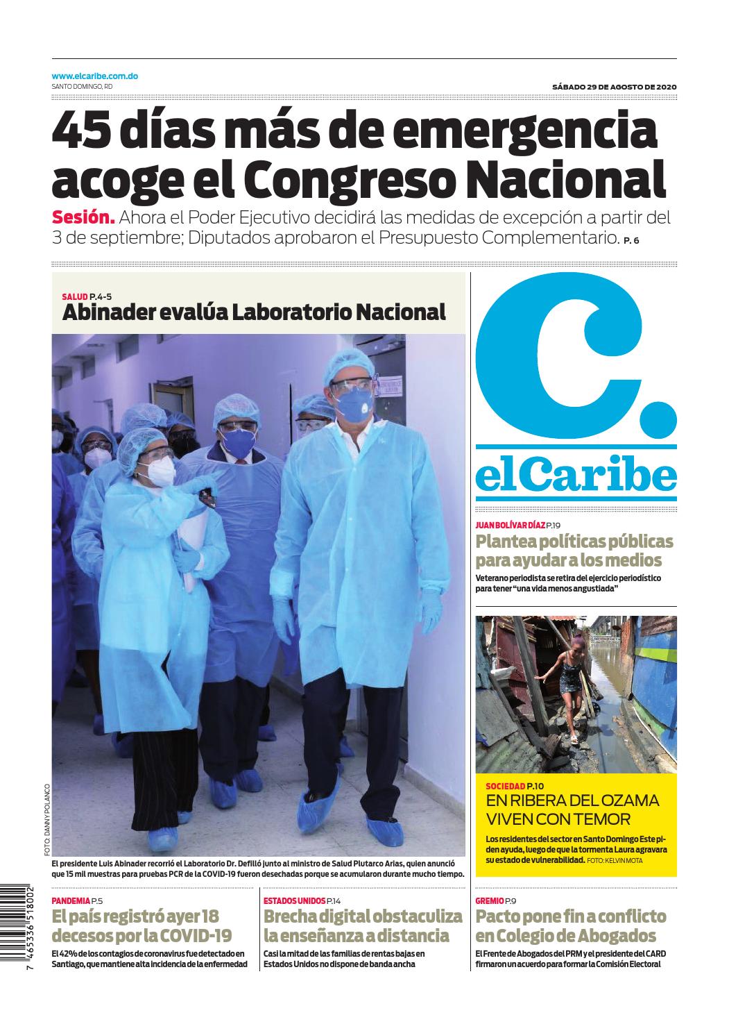 Portada Periódico El Caribe, Sábado 29 de Agosto, 2020