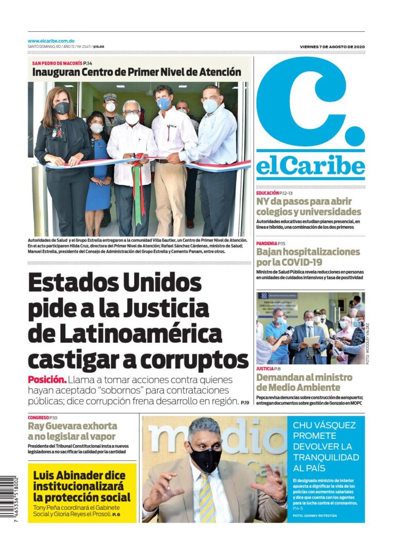 Portada Periódico El Caribe, Viernes 07 de Agosto, 2020
