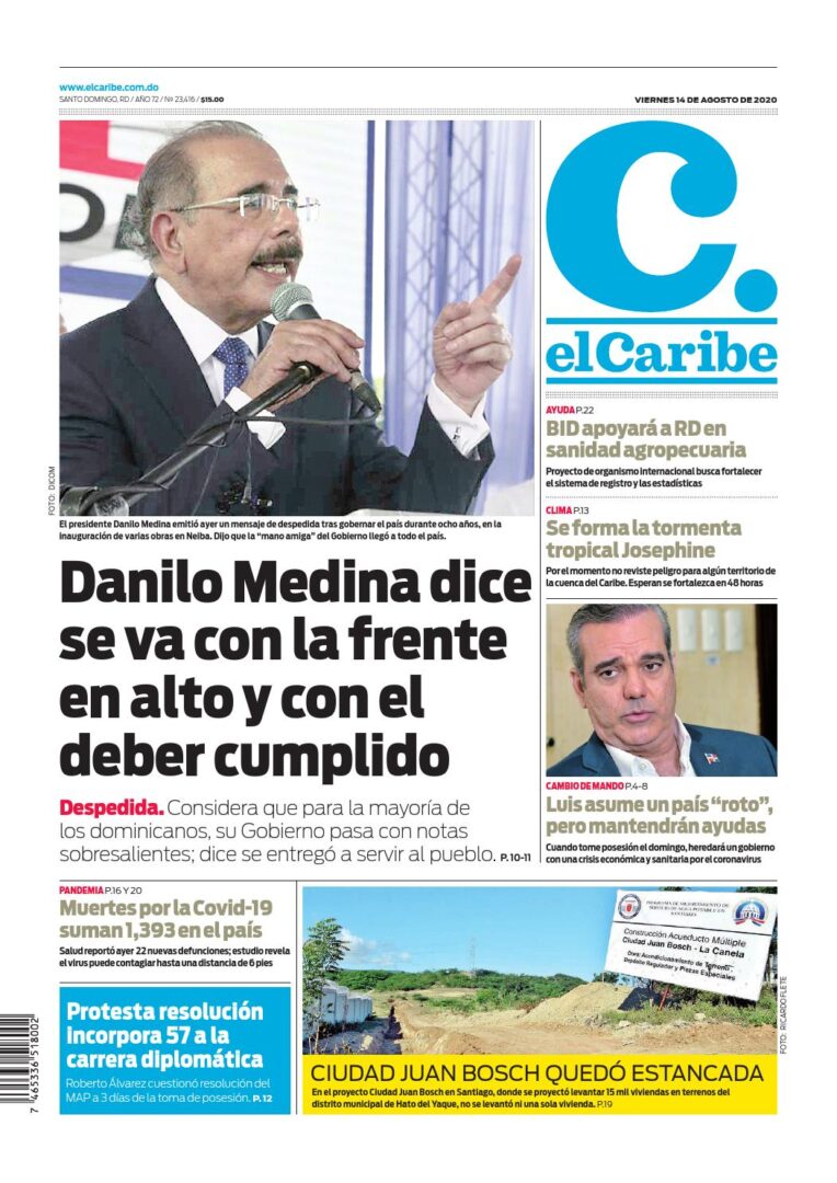 Portada Periódico El Caribe, Viernes 14 de Agosto, 2020