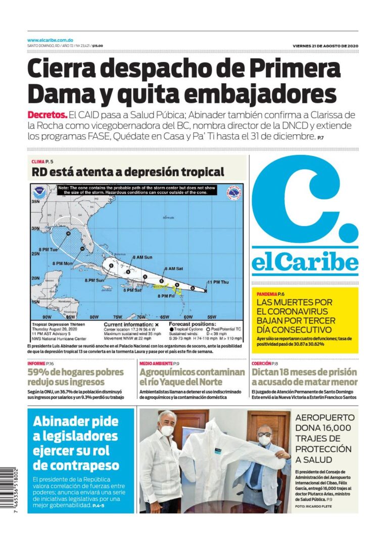 Portada Periódico El Caribe, Viernes 21 de Agosto, 2020