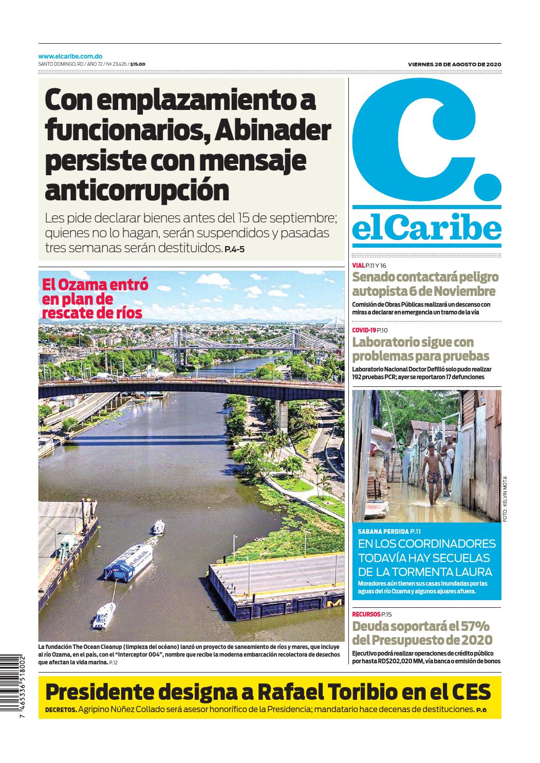 Portada Periódico El Caribe, Viernes 28 de Agosto, 2020