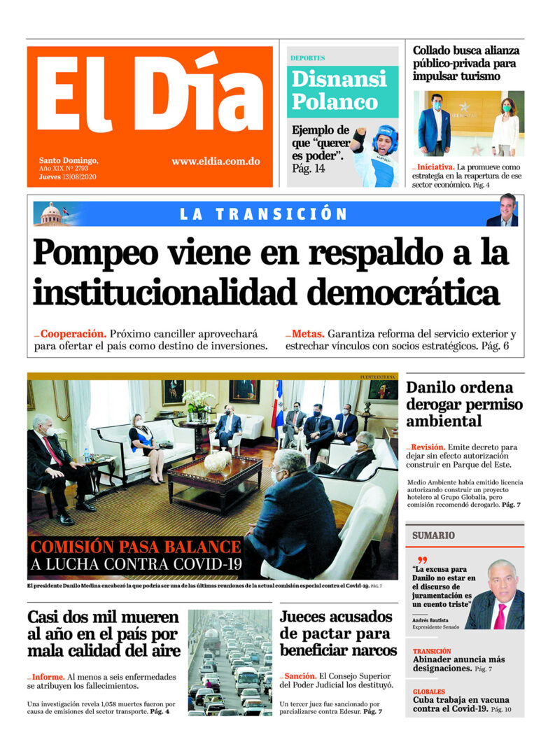 Portada Periódico El Día, Jueves 13 de Agosto, 2020