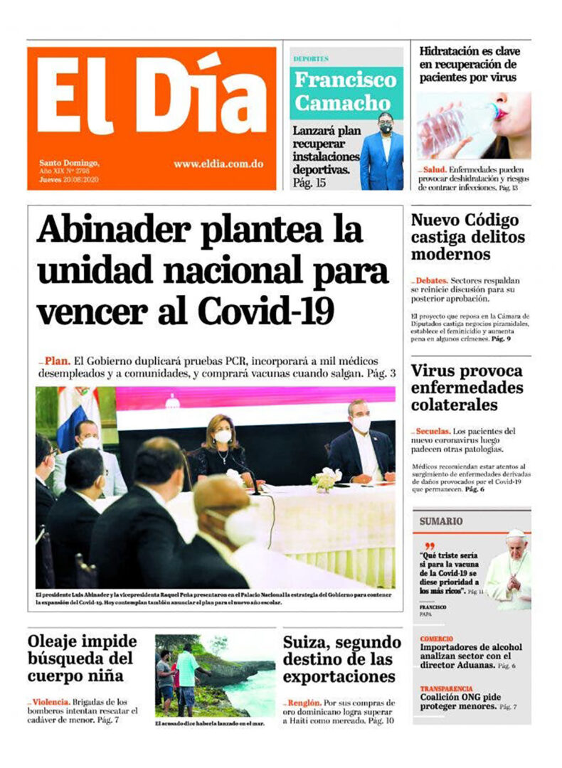Portada Periódico El Día, Jueves 20 de Agosto, 2020