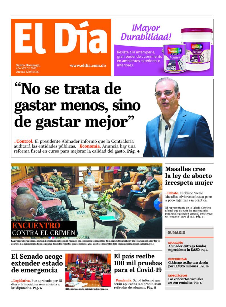 Portada Periódico El Día, Jueves 27 de Agosto, 2020