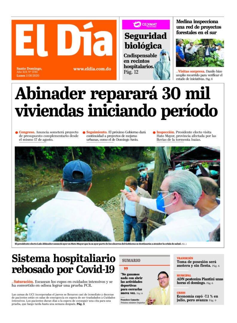 Portada Periódico El Día, Lunes 03 de Agosto, 2020