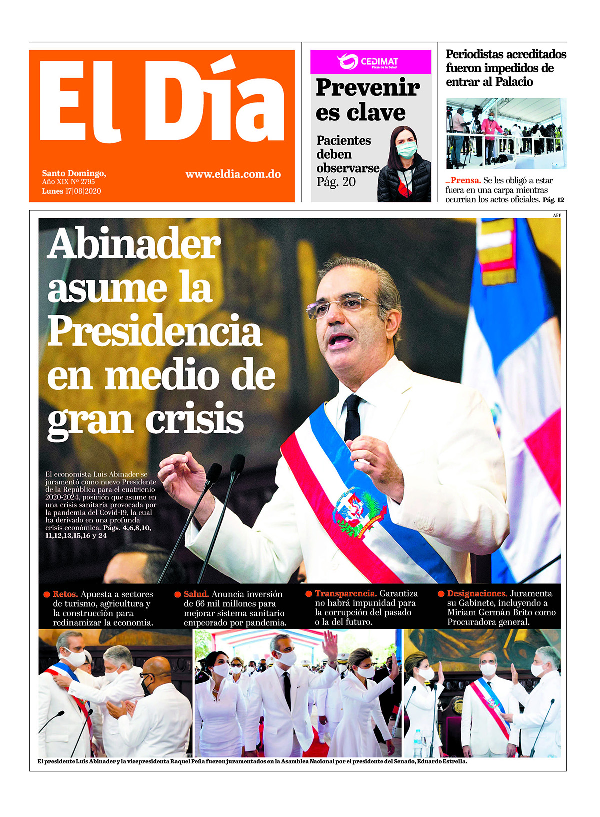 Portada Periódico El Día, Lunes 24 de Agosto, 2020