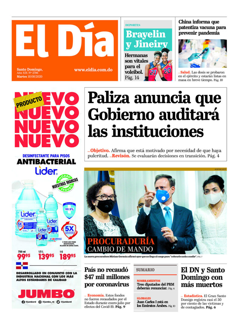 Portada Periódico El Día, Martes 18 de Agosto, 2020