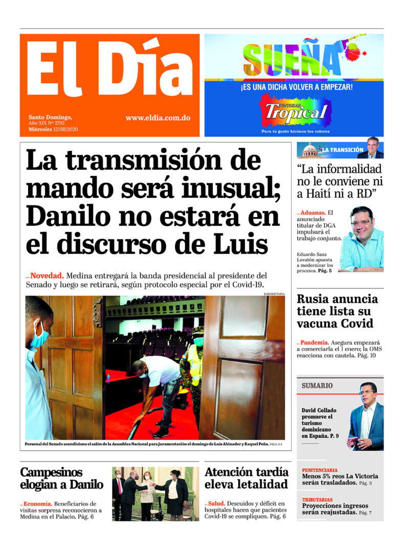 Portada Periódico El Día, Miércoles 12 de Agosto, 2020
