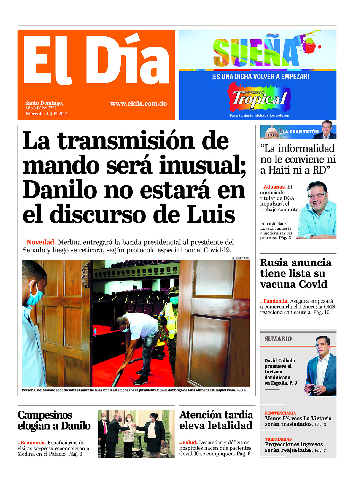 Portada Periódico El Día, Miércoles 12 de Agosto, 2020