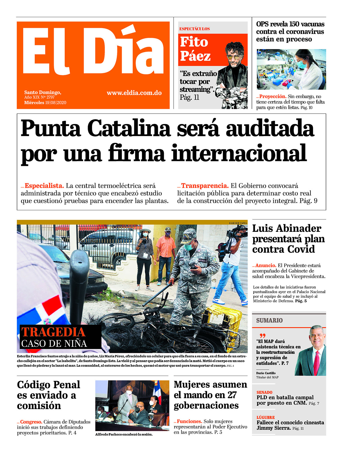 Portada Periódico El Día, Miércoles 19 de Agosto, 2020