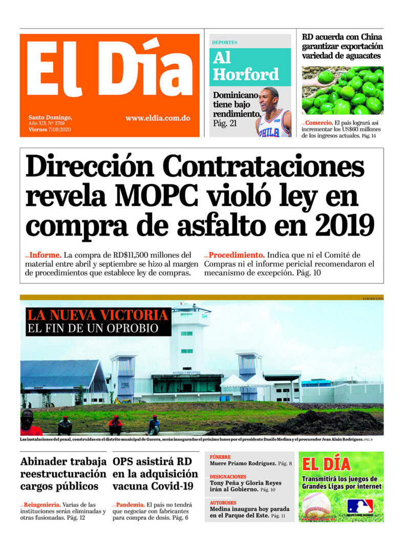 Portada Periódico El Día, Viernes 07 de Agosto, 2020
