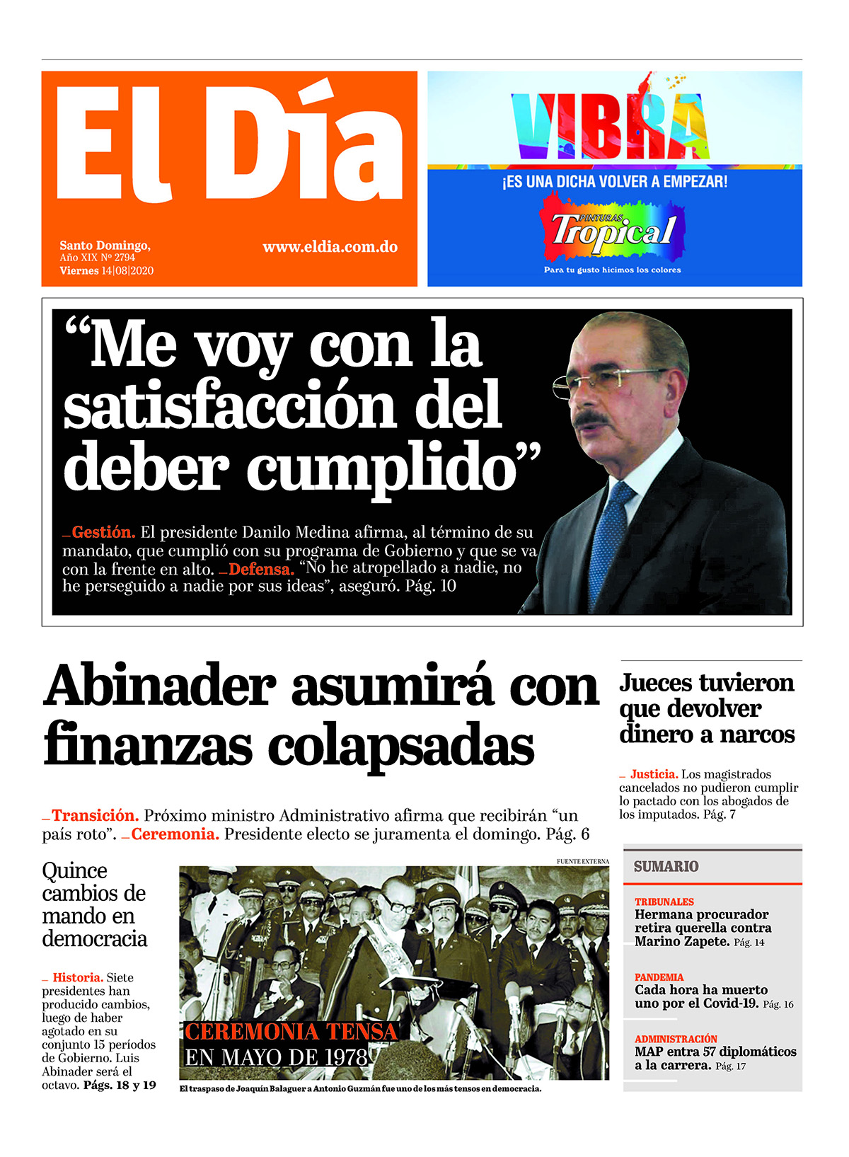 Portada Periódico El Día, Viernes 14 de Agosto, 2020