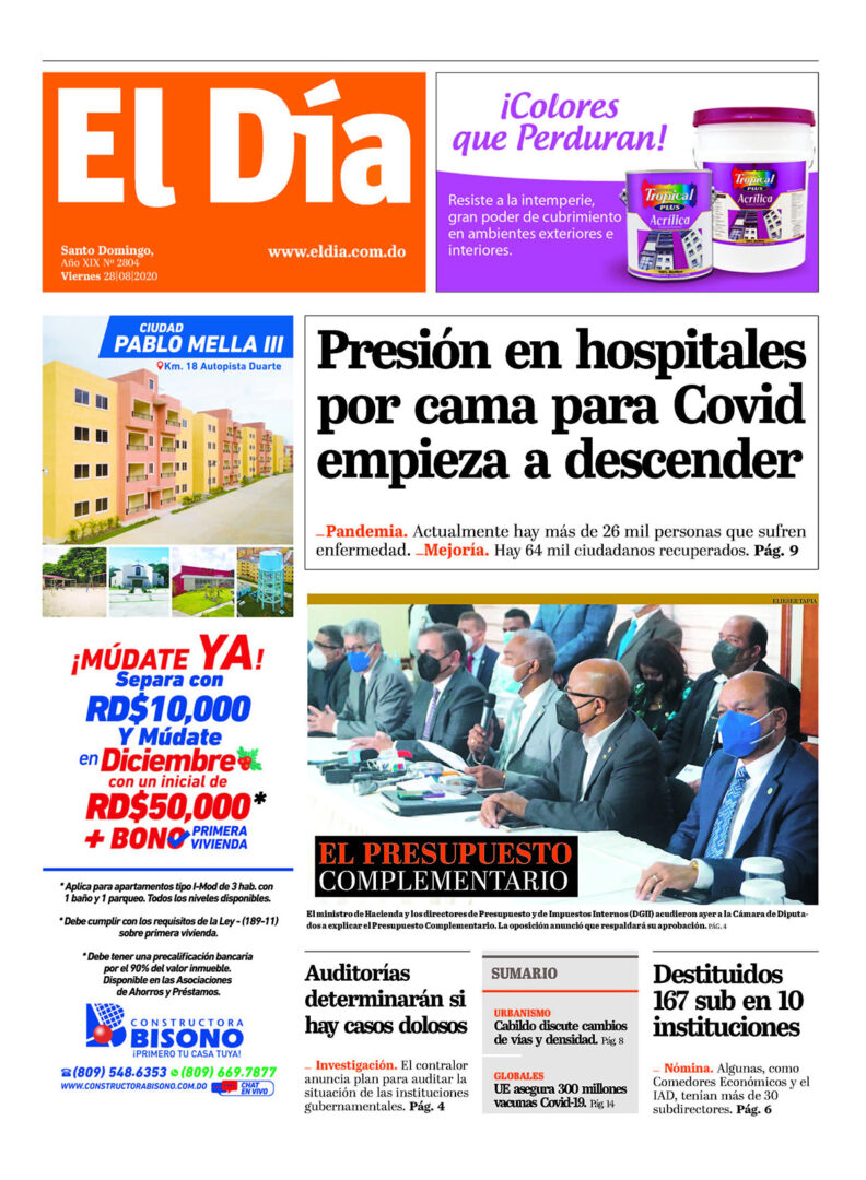 Portada Periódico El Día, Viernes 28 de Agosto, 2020