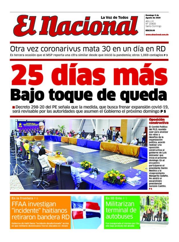 Portada Periódico El Nacional, Domingo 09 de Agosto, 2020