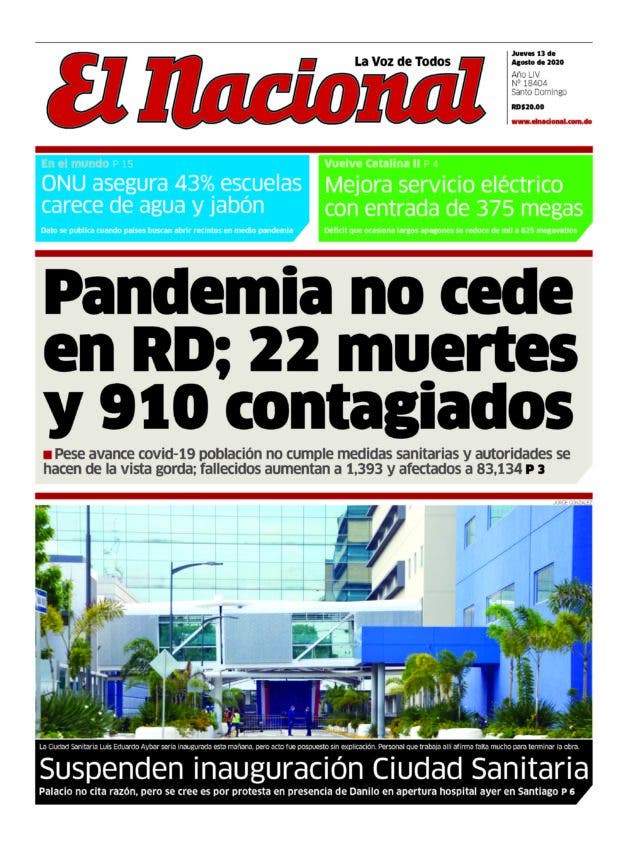 Portada Periódico El Nacional, Jueves 13 de Agosto, 2020