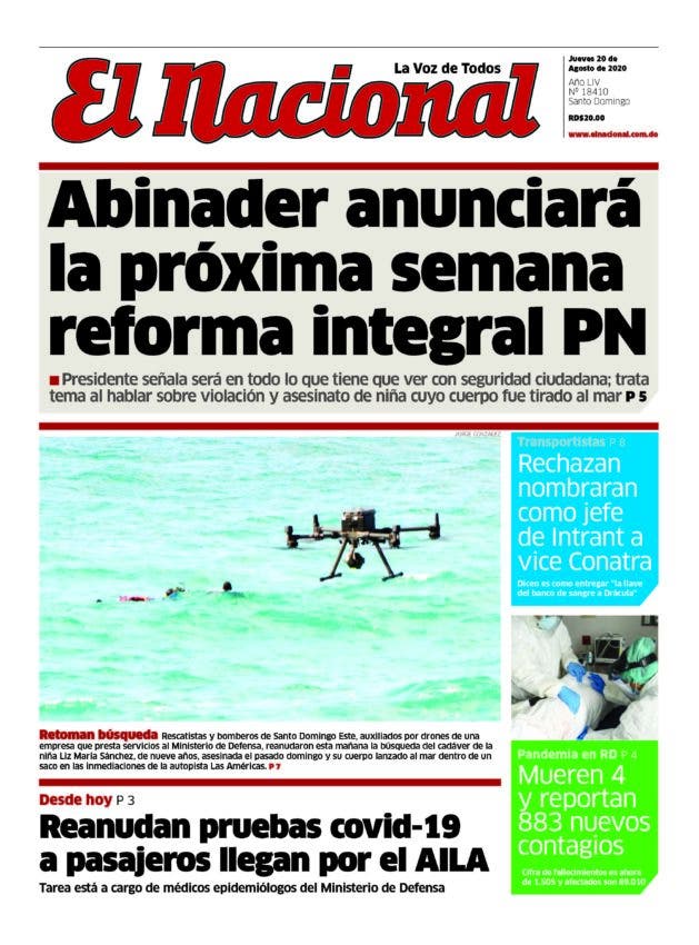 Portada Periódico El Nacional, Jueves 20 de Agosto, 2020
