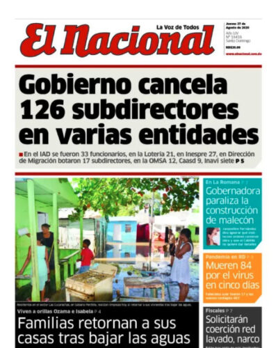 Portada Periódico El Nacional, Jueves 27 de Agosto, 2020