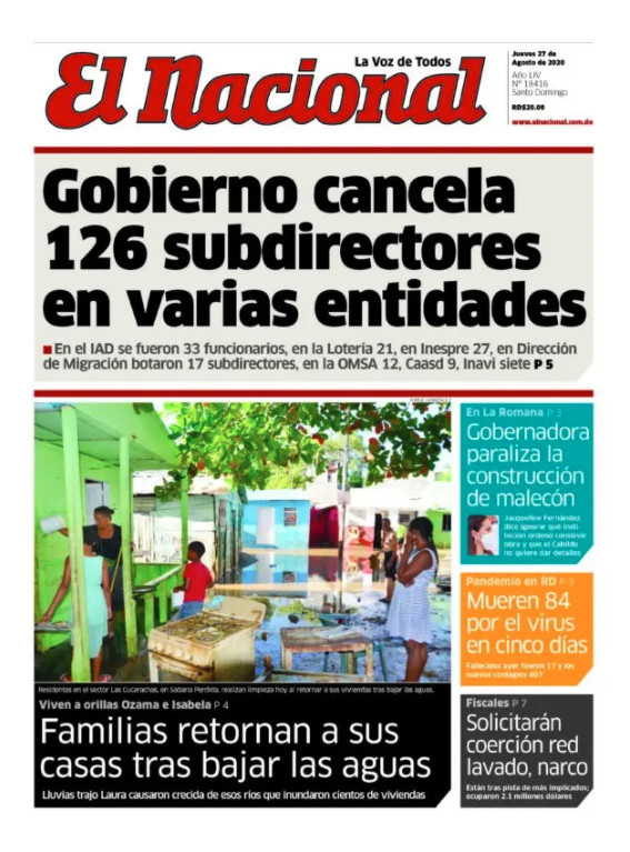 Portada Periódico El Nacional, Jueves 27 de Agosto, 2020